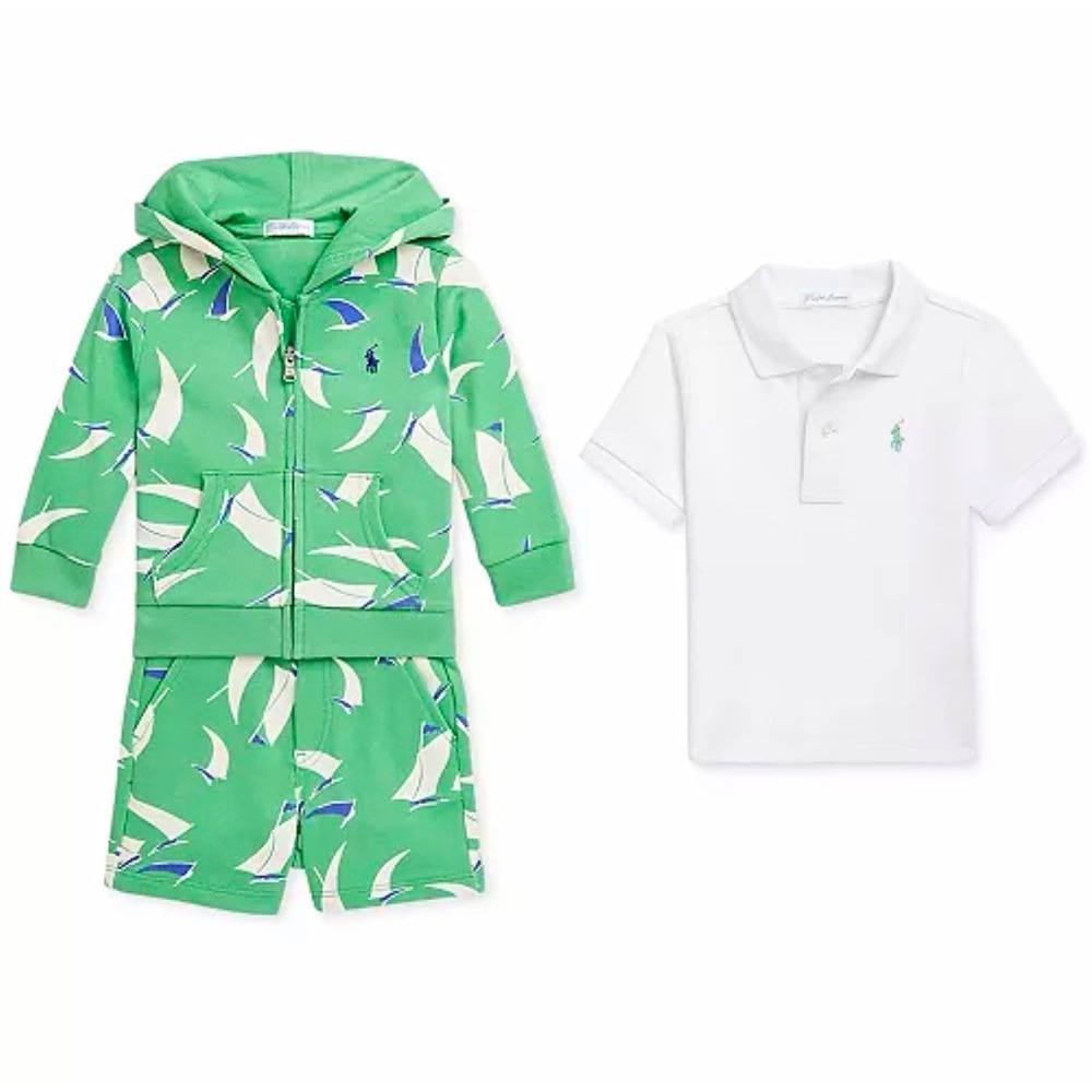 NEW Ralph Lauren Boys 3-Piece Sailboat Hoodie, Polo & Shorts Set Green/White 3M